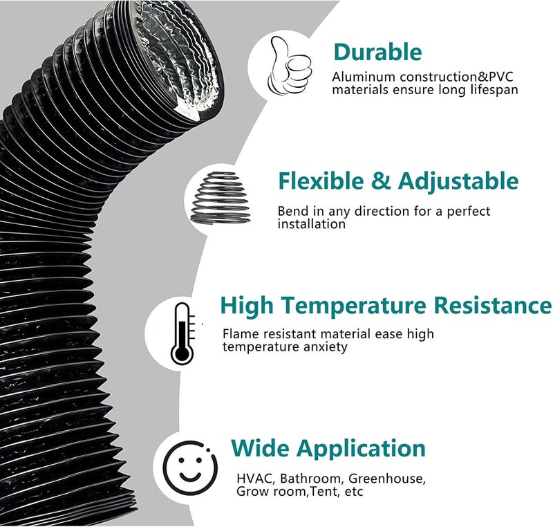 Allvent Dryer Vent Hose 4 Inch Air Duct 9.84 Feet Flexible Adjustable PVC Heavy-Duty Four-Layer Air Duct Hose with 2 Screw Clamps for HVAC Ventilation (Black) - Image 3